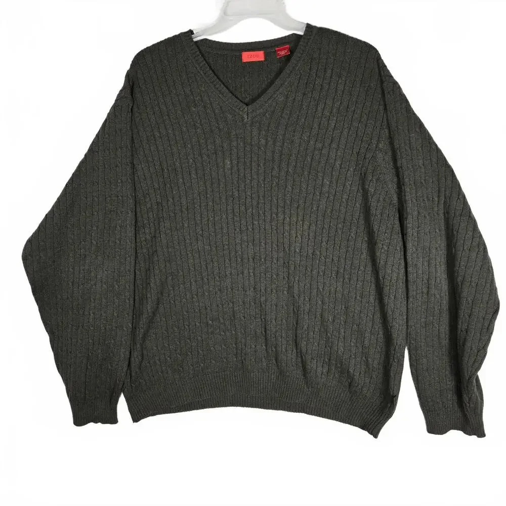 IZOD Men's XXL V-Neck Sweater 100% Cotton Olive Green Ribbed Cable Knit